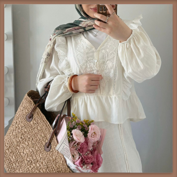 Faya Girls x Beyaz İşlemeli Esquer Keten Gömlek