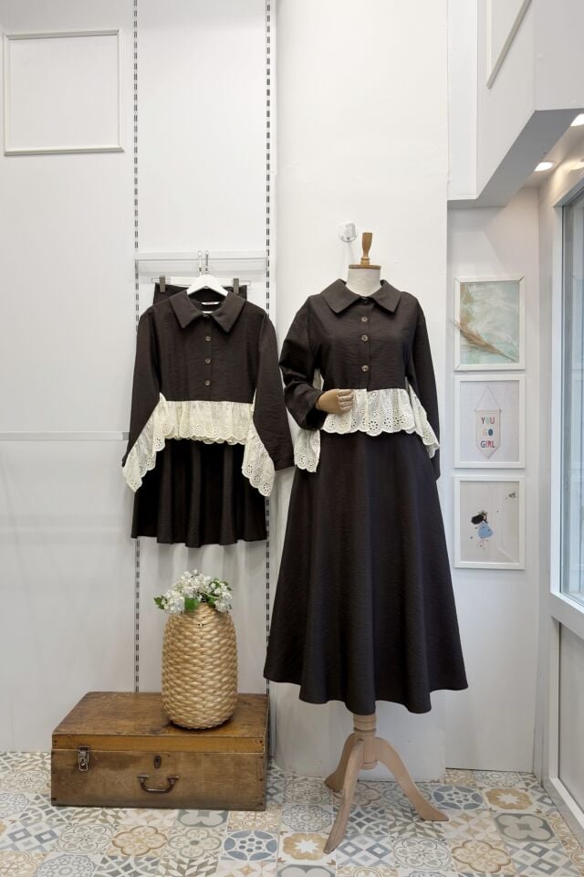 Kahverengi Brode Detaylı Paraşüt Kumaş Takım