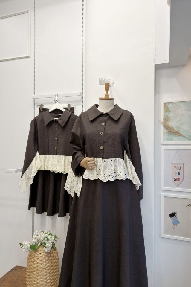 Kahverengi Brode Detaylı Paraşüt Kumaş Takım