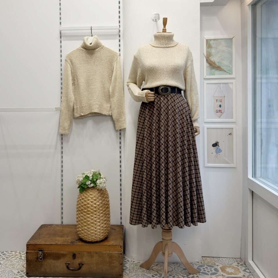 Camel Kadife Kumaş Ekose Desenli Etek