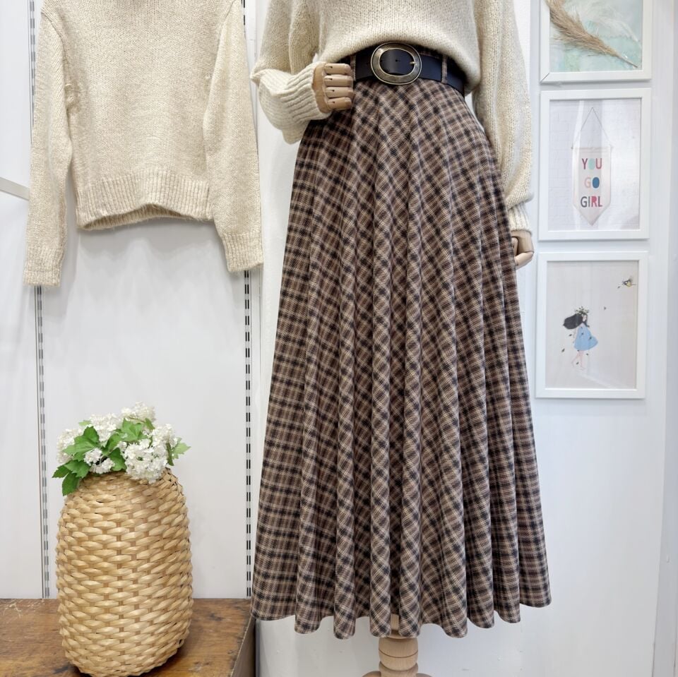 Camel Kadife Kumaş Ekose Desenli Etek