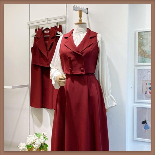 Crep kumaş bordo bianco yelekli takım