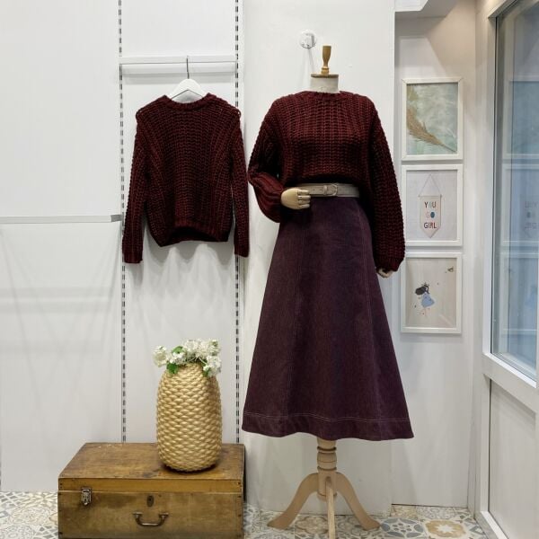 Süet Kemer Detaylı Bordo Perline Kot Etek