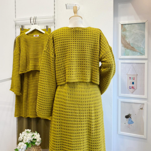 Yağ Yeşili Örme Triko Kumaş Etekli Takım