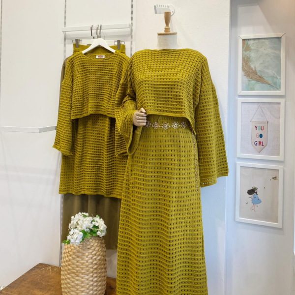 Yağ Yeşili Örme Triko Kumaş Etekli Takım