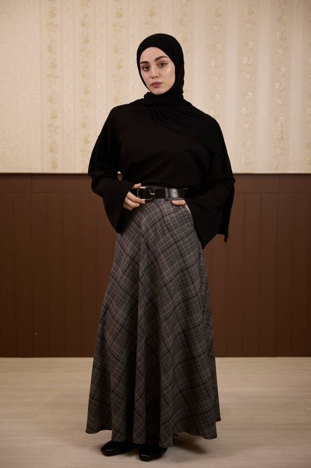 Keten Dokulu Gri Ekose Desenli Loom Etek