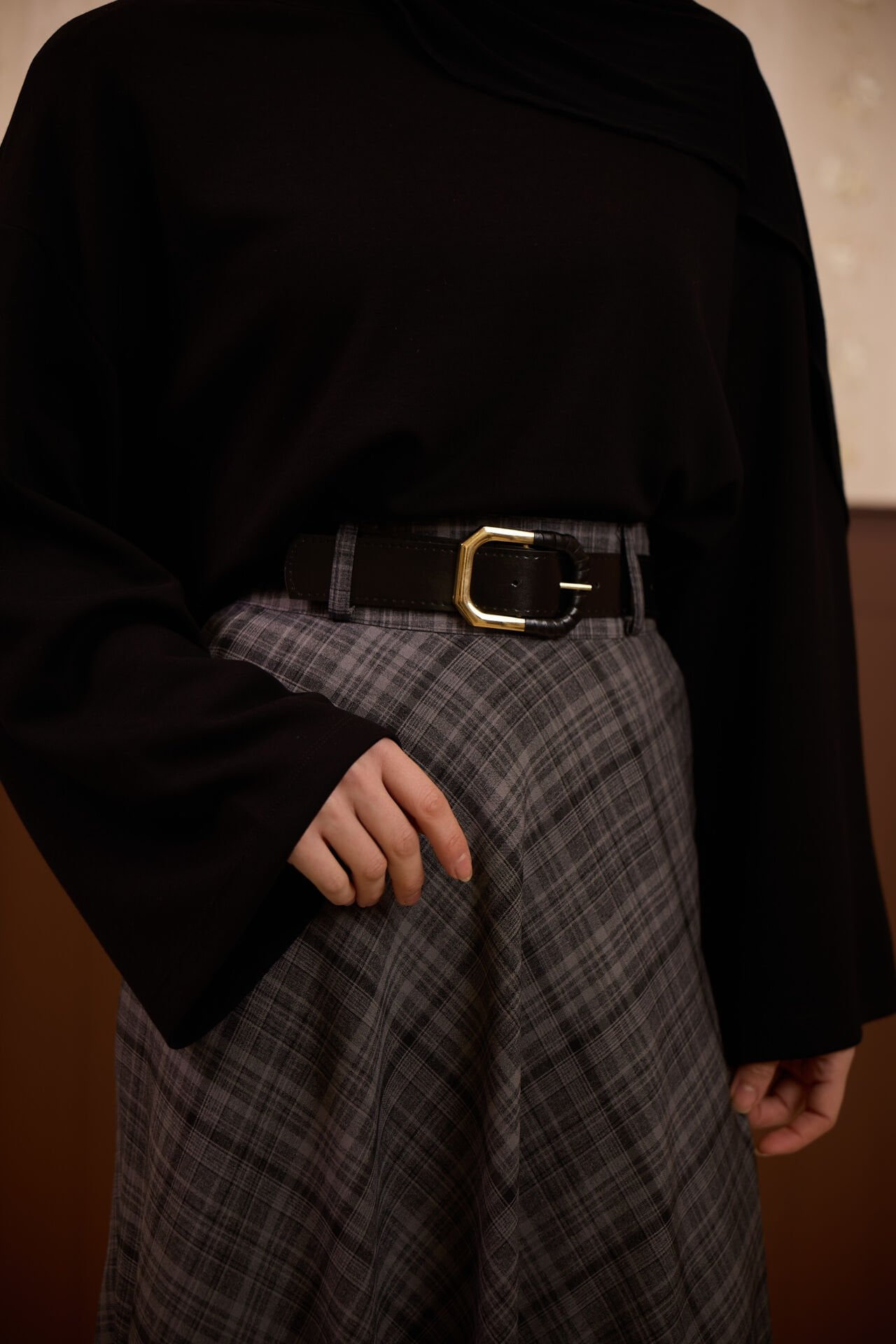 Keten Dokulu Gri Ekose Desenli Loom Etek