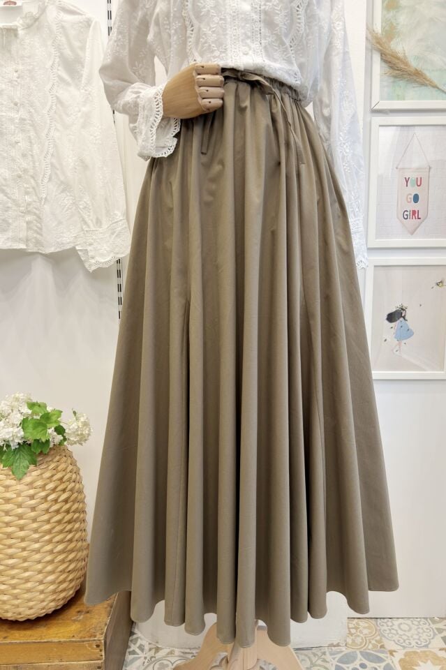 Haki Yeşili Elara Kloş Poplin Etek