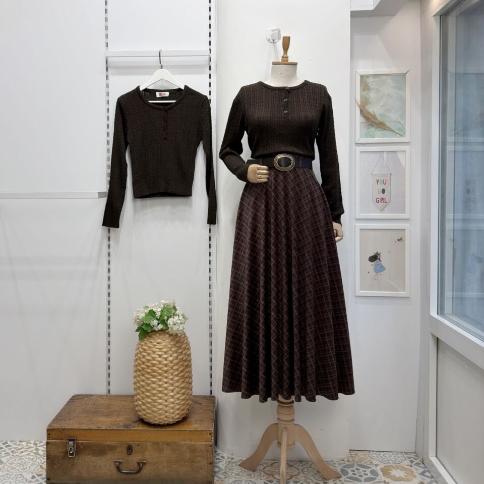 Kahverengi Kadife Kumaş Ekose Desenli Etek