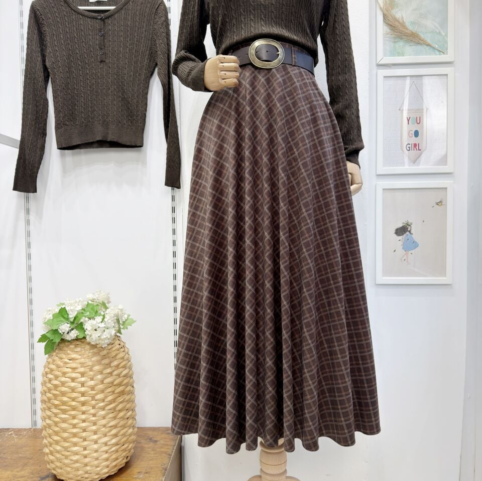 Kahverengi Kadife Kumaş Ekose Desenli Etek