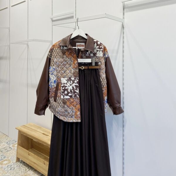 Kahverengi Deri Detaylı Patchwork Kapitone Mont