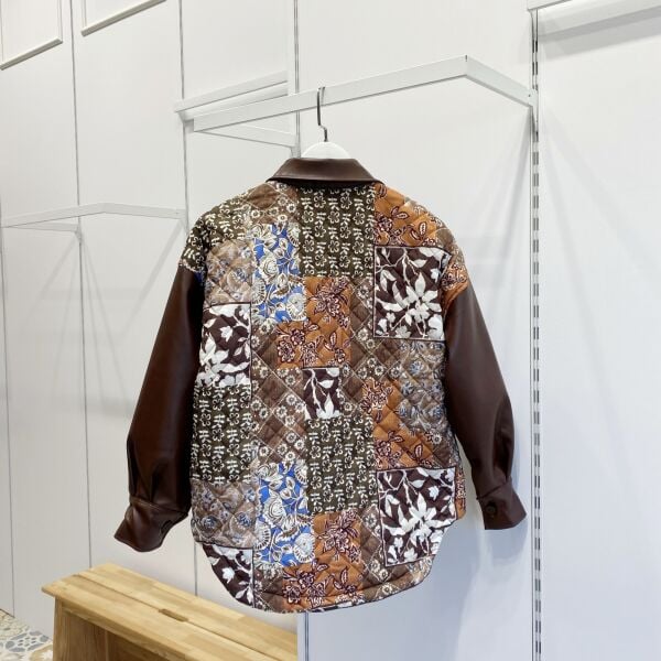 Kahverengi Deri Detaylı Patchwork Kapitone Mont