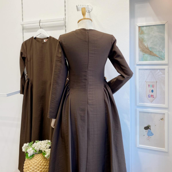 Acı Kahve Paper Touch Bel Detaylı Penelope Elbise