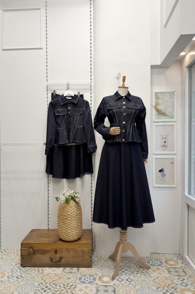 Lacivert Pile Detaylı Plumetis Kot Takım