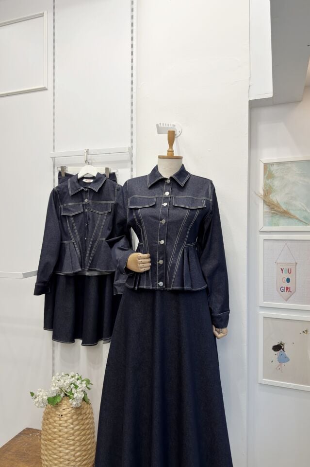 Lacivert Pile Detaylı Plumetis Kot Takım