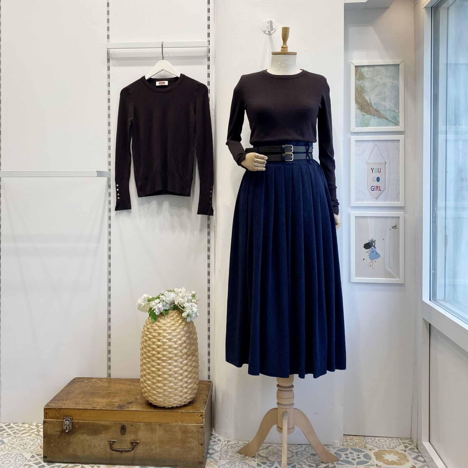 Lacivert Çift Kemerli Yün Efekt Etek