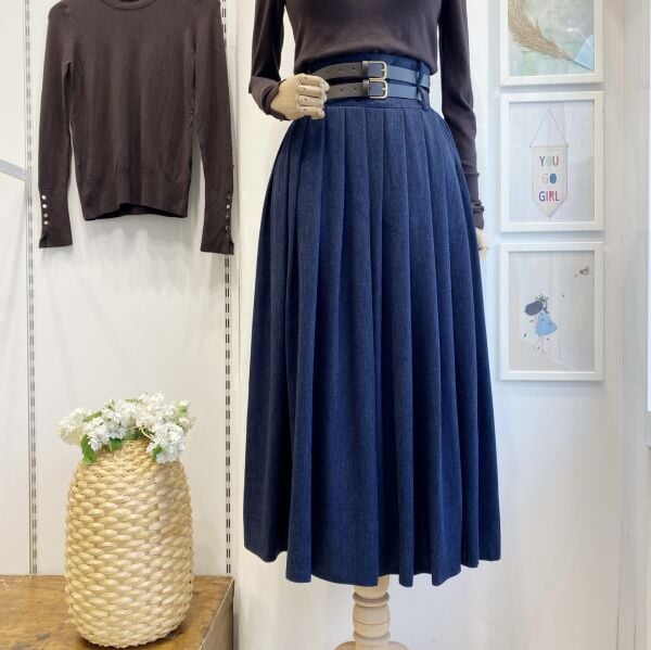 Lacivert Çift Kemerli Yün Efekt Etek